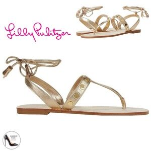 Lilly Pulitzer Womens Metallic Gold Leather Embellished Lace-Up Flat Sandals 8.5